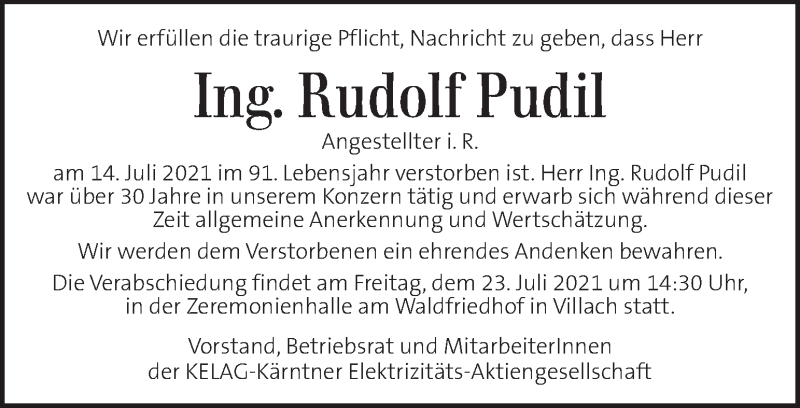  Traueranzeige für Rudolf Pudil vom 23.07.2021 aus Kleine Zeitung