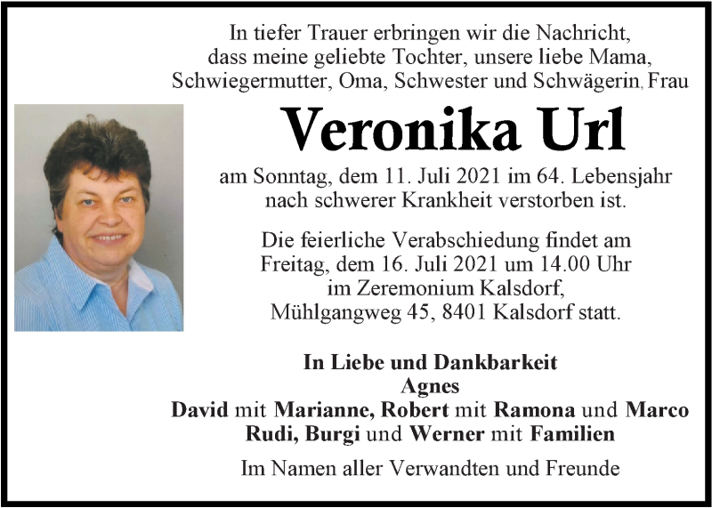  Traueranzeige für Veronika Url vom 14.07.2021 aus Kleine Zeitung