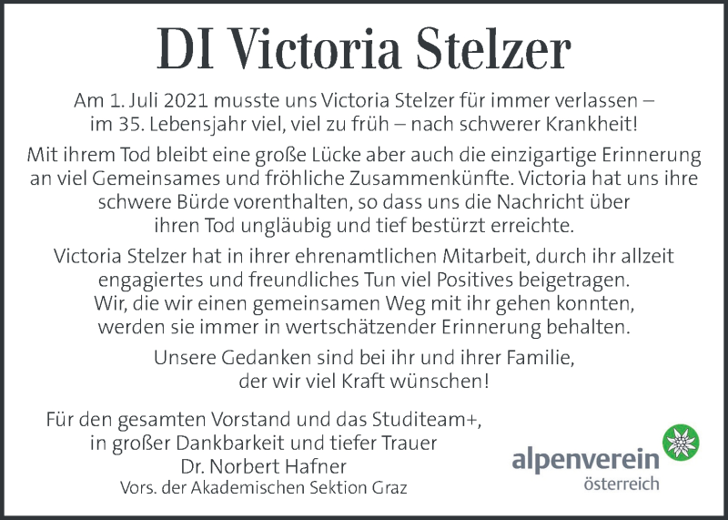 Traueranzeige für Victoria Stelzer vom 07.07.2021 aus Kleine Zeitung