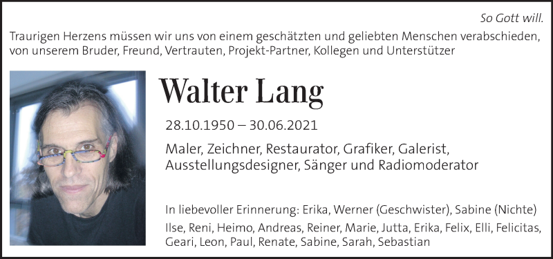  Traueranzeige für Walter Lang vom 11.07.2021 aus Kleine Zeitung