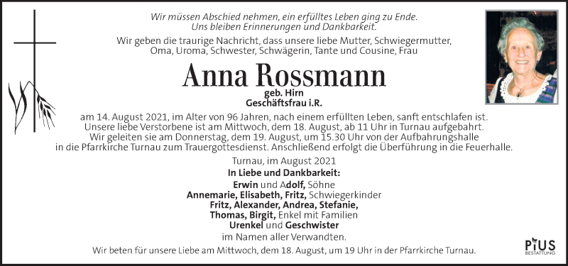 Traueranzeigen Von Anna Rossmann Trauerkleinezeitungat