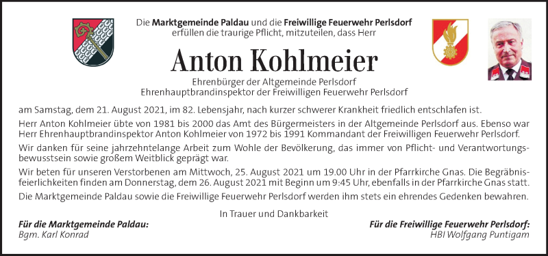  Traueranzeige für Anton Kohlmeier vom 25.08.2021 aus Kleine Zeitung