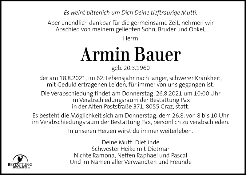  Traueranzeige für Armin Bauer vom 25.08.2021 aus Kleine Zeitung