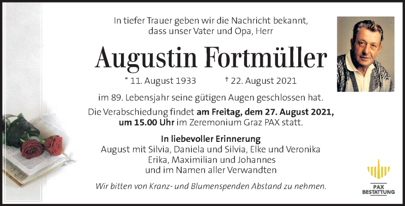  Traueranzeige für Augustin Fortmüller vom 26.08.2021 aus Kleine Zeitung