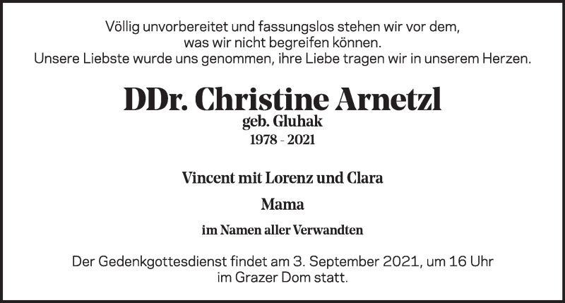  Traueranzeige für Christine Arnetzl vom 25.08.2021 aus Kleine Zeitung