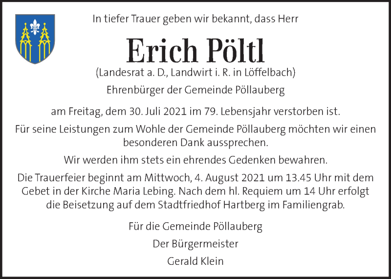  Traueranzeige für Erich Pöltl vom 03.08.2021 aus Kleine Zeitung