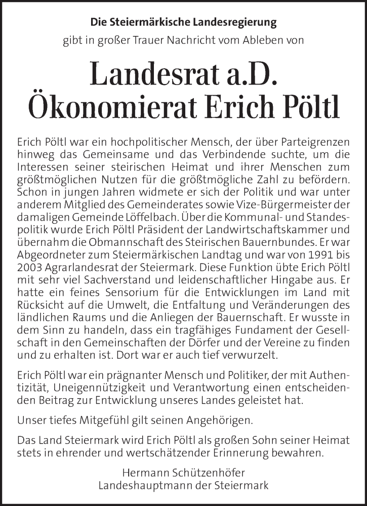  Traueranzeige für Erich Pöltl vom 04.08.2021 aus Kleine Zeitung