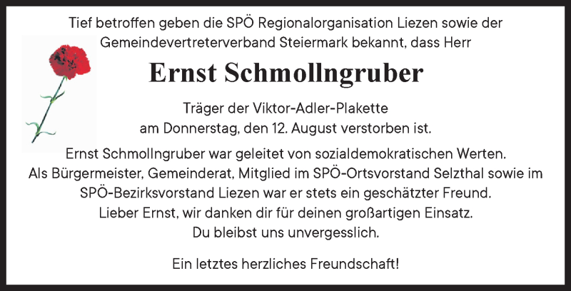  Traueranzeige für Ernst Schmollngruber vom 18.08.2021 aus Kleine Zeitung