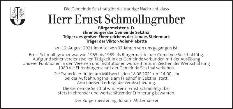  Traueranzeige für Ernst Schmollngruber vom 15.08.2021 aus Kleine Zeitung
