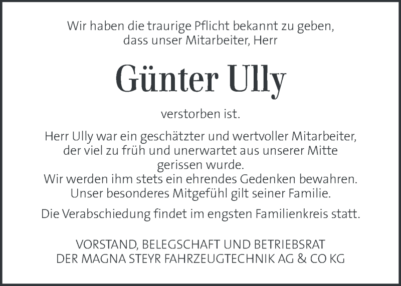  Traueranzeige für Günter Ully vom 26.08.2021 aus Kleine Zeitung