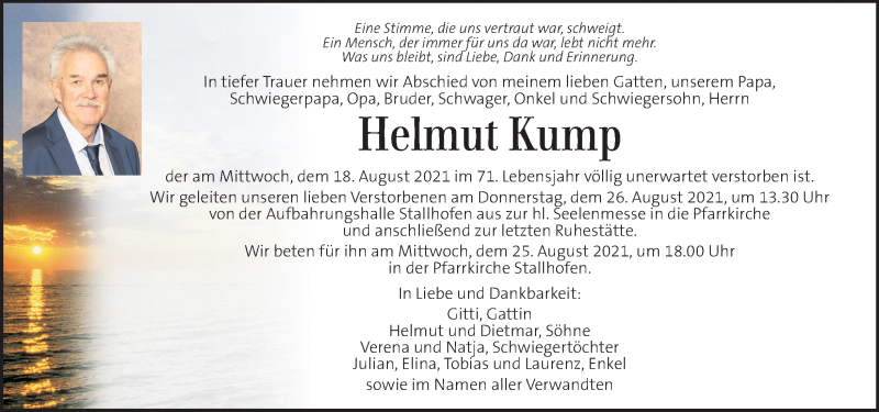  Traueranzeige für Helmut Kump vom 25.08.2021 aus Kleine Zeitung