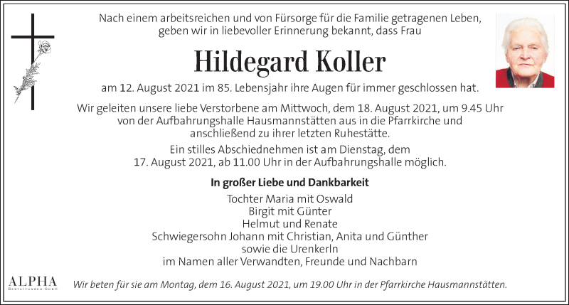  Traueranzeige für Hildegard Koller vom 15.08.2021 aus Kleine Zeitung