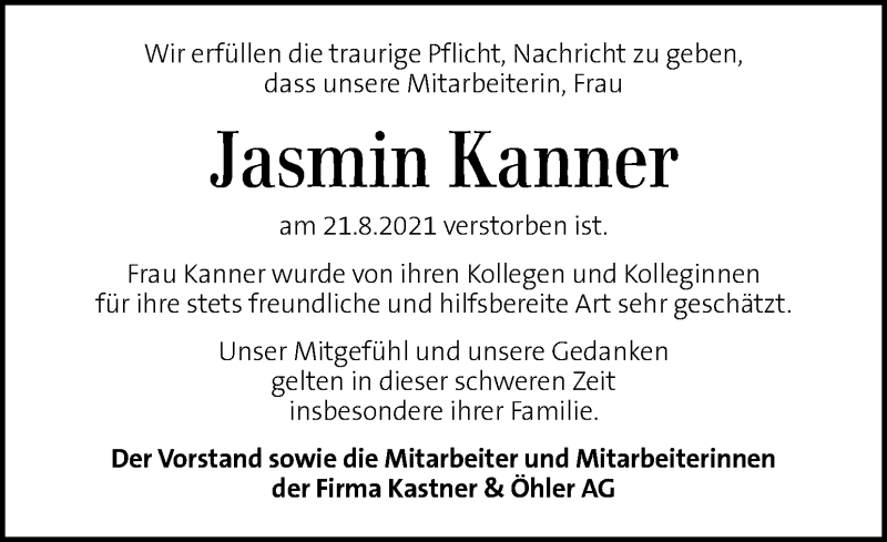  Traueranzeige für Jasmin Kanner vom 26.08.2021 aus Kleine Zeitung