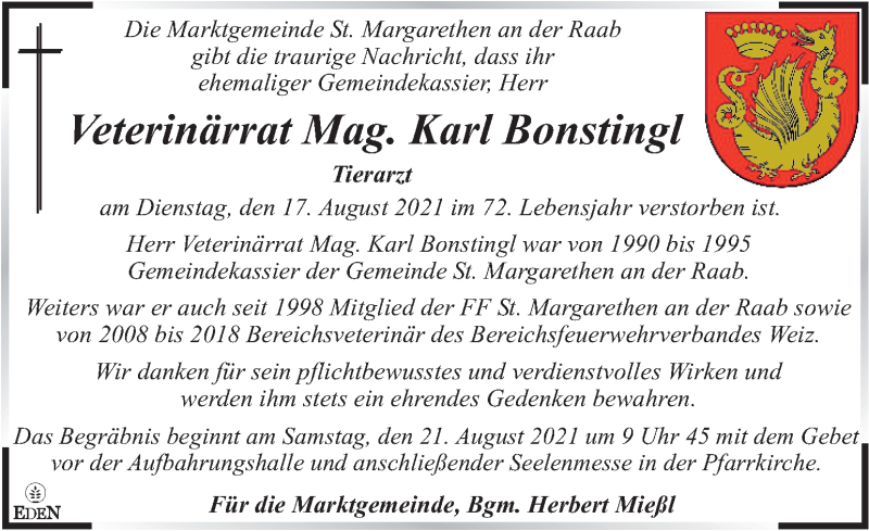  Traueranzeige für Karl Bonstingl vom 20.08.2021 aus Kleine Zeitung