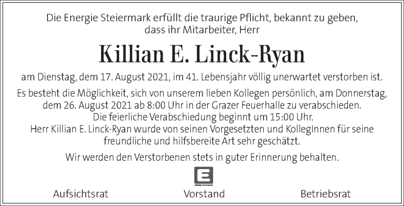  Traueranzeige für Killian E. Linck-Ryan vom 22.08.2021 aus Kleine Zeitung