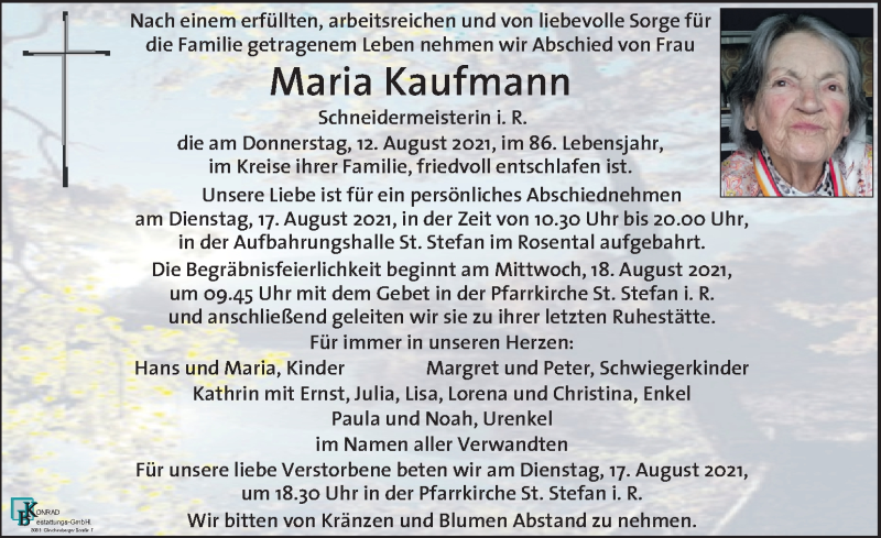  Traueranzeige für Maria Kaufmann vom 15.08.2021 aus Kleine Zeitung