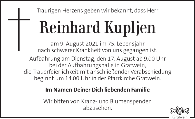 Traueranzeige für Reinhard Kupljen vom 15.08.2021 aus Kleine Zeitung