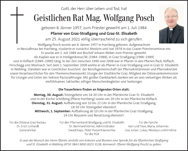  Traueranzeige für Wolfgang Posch vom 29.08.2021 aus Kleine Zeitung
