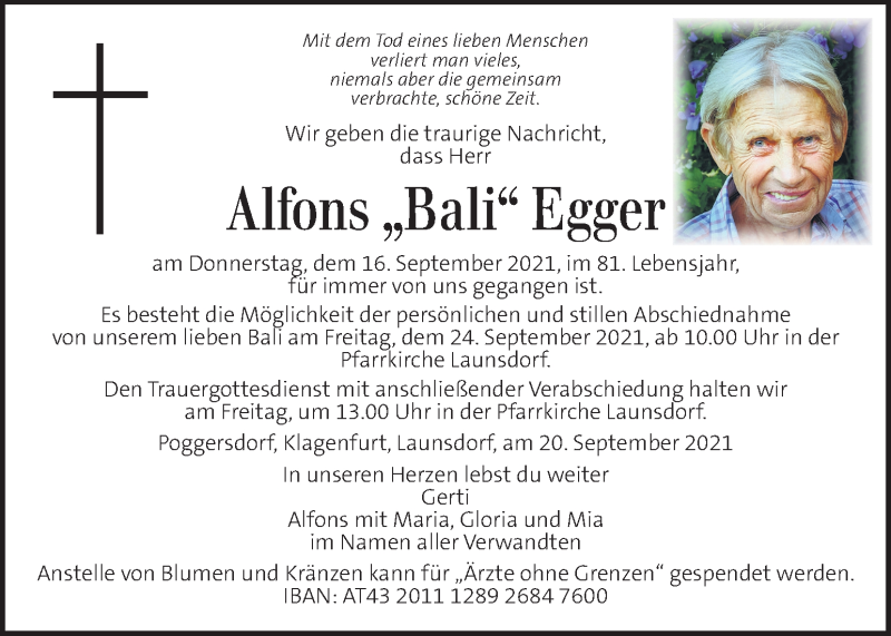  Traueranzeige für Alfons Egger vom 22.09.2021 aus Kleine Zeitung