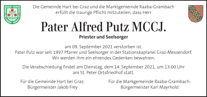  Traueranzeige für Alfred Putz vom 11.09.2021 aus Kleine Zeitung