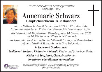 Traueranzeige von Annemarie Schwarz von Kleine Zeitung
