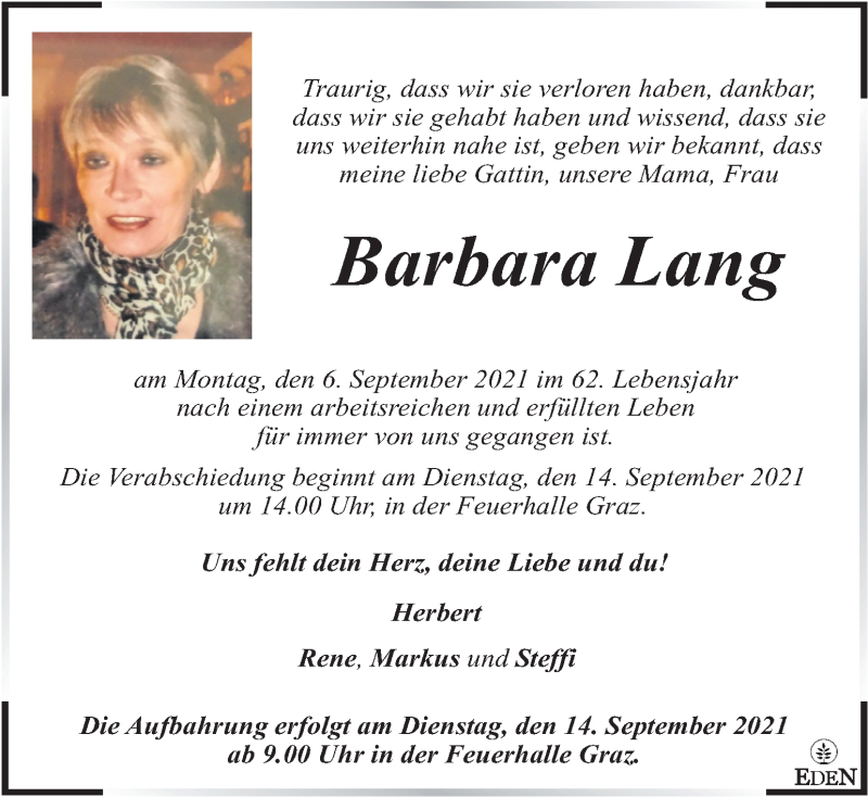  Traueranzeige für Barbara Lang vom 10.09.2021 aus Kleine Zeitung