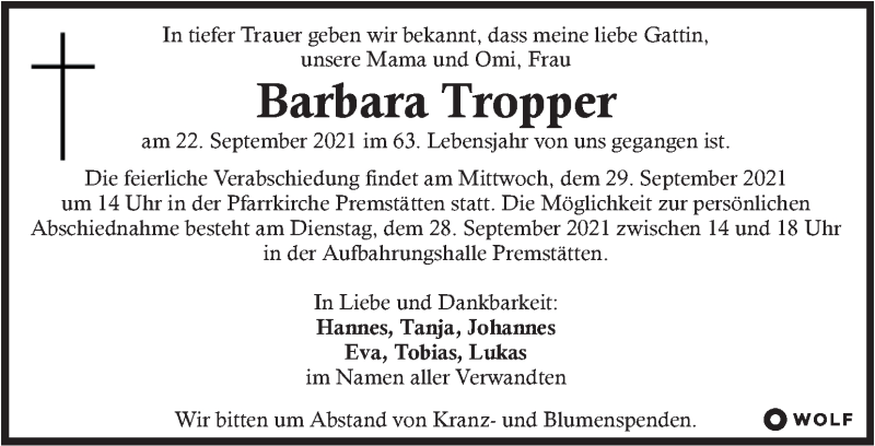  Traueranzeige für Barbara Tropper vom 26.09.2021 aus Kleine Zeitung