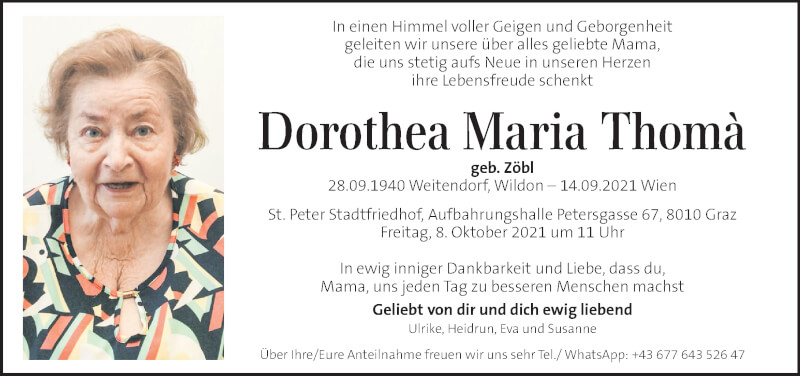  Traueranzeige für Dorothea Maria Thomà vom 25.09.2021 aus Kleine Zeitung