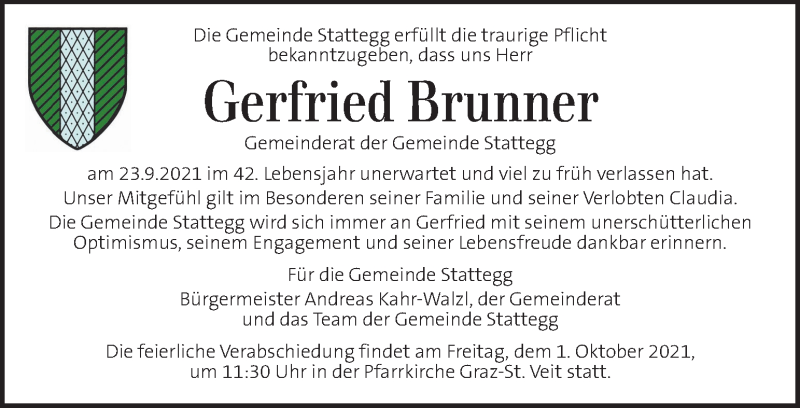  Traueranzeige für Gerfried Brunner vom 30.09.2021 aus Kleine Zeitung
