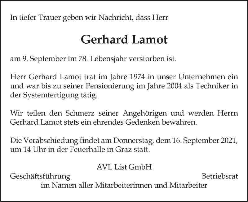  Traueranzeige für Gerhard Lamot vom 16.09.2021 aus Kleine Zeitung