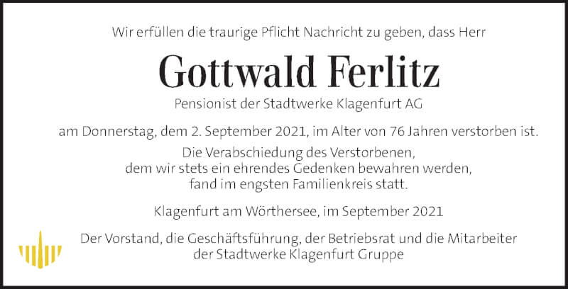 Traueranzeige für Gottwald Ferlitz vom 18.09.2021 aus Kleine Zeitung