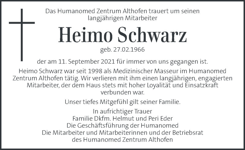 Traueranzeige für Heimo Schwarz vom 15.09.2021 aus Kleine Zeitung