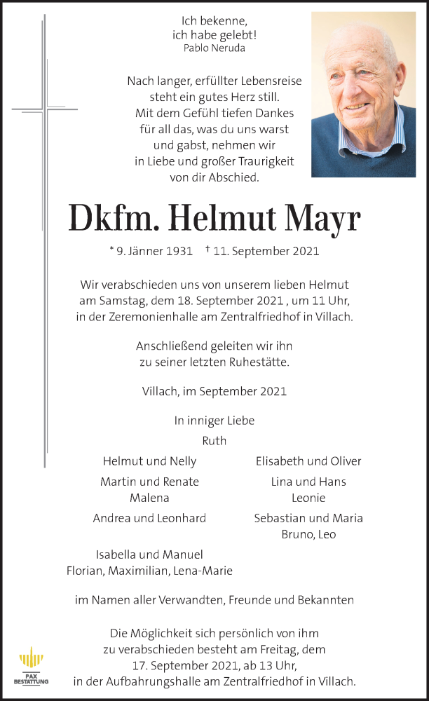  Traueranzeige für Helmut Mayr vom 15.09.2021 aus Kleine Zeitung