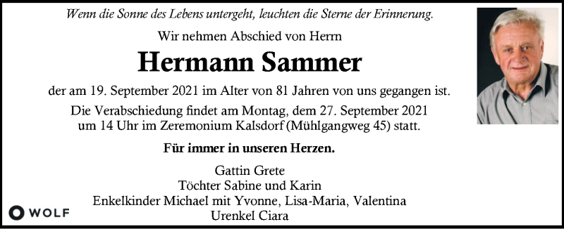  Traueranzeige für Hermann Sammer vom 24.09.2021 aus Kleine Zeitung