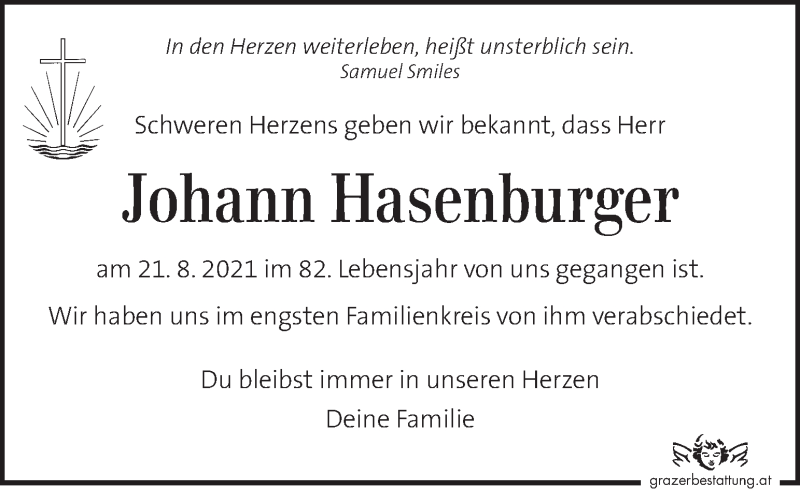  Traueranzeige für Johann Hasenburger  vom 04.09.2021 aus Kleine Zeitung