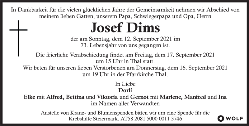  Traueranzeige für Josef Dims vom 15.09.2021 aus Kleine Zeitung