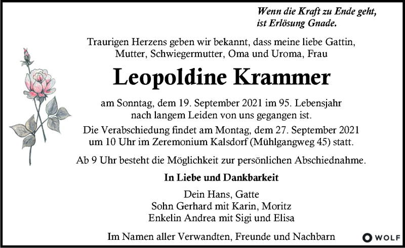  Traueranzeige für Leopoldine Krammer vom 24.09.2021 aus Kleine Zeitung