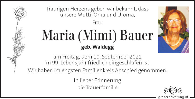  Traueranzeige für Maria Bauer vom 18.09.2021 aus Kleine Zeitung