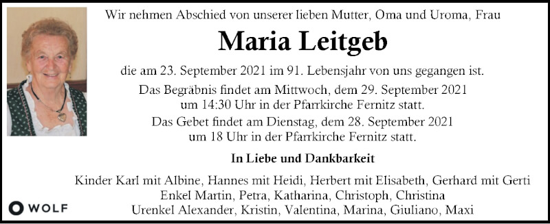  Traueranzeige für Maria Leitgeb vom 25.09.2021 aus Kleine Zeitung