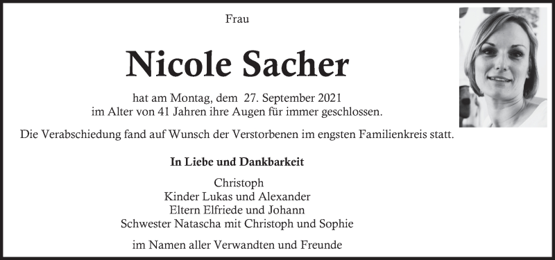 Traueranzeige für Nicole Sacher vom 01.10.2021 aus Kleine Zeitung