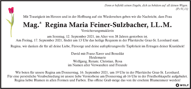  Traueranzeige für Regina Maria Feiner-Sulzbacher vom 15.09.2021 aus Kleine Zeitung