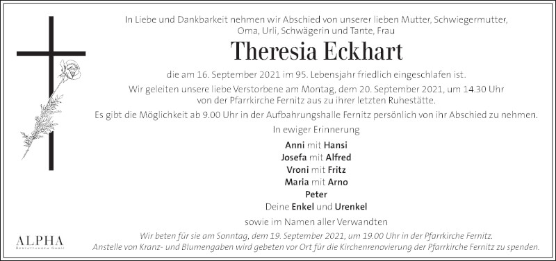  Traueranzeige für Theresia Eckhart vom 18.09.2021 aus Kleine Zeitung
