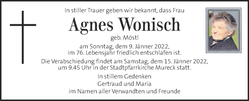  Traueranzeige für Agnes Wonisch vom 14.01.2022 aus Kleine Zeitung