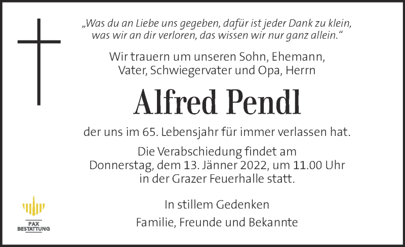  Traueranzeige für Alfred Pendl vom 11.01.2022 aus Kleine Zeitung