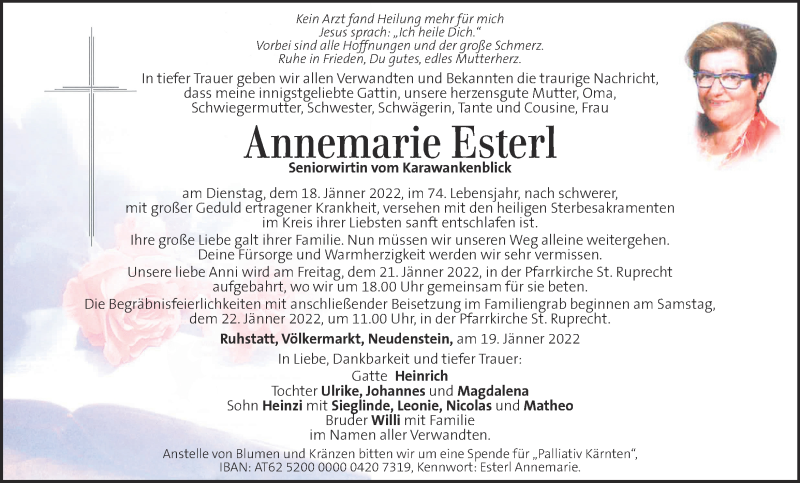  Traueranzeige für Annemarie Esterl vom 21.01.2022 aus Kleine Zeitung