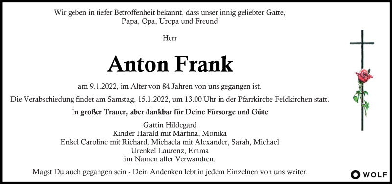  Traueranzeige für Anton Frank vom 12.01.2022 aus Kleine Zeitung
