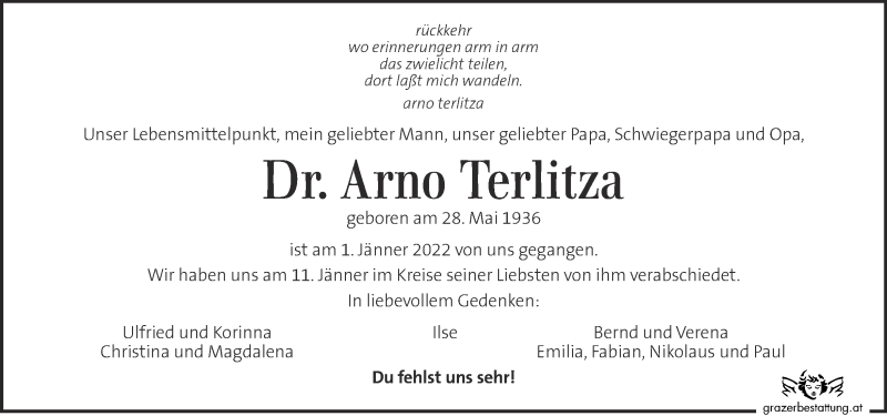  Traueranzeige für Arno Terlitza vom 12.01.2022 aus Kleine Zeitung