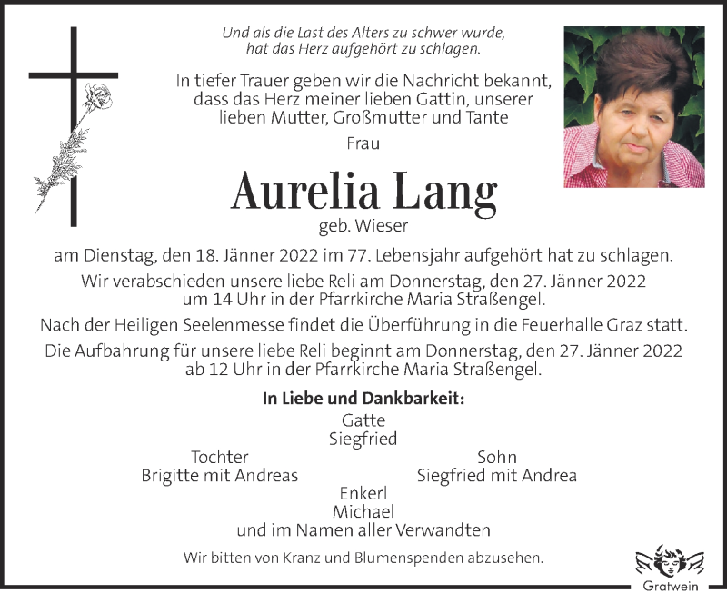  Traueranzeige für Aurelia Lang vom 23.01.2022 aus Kleine Zeitung