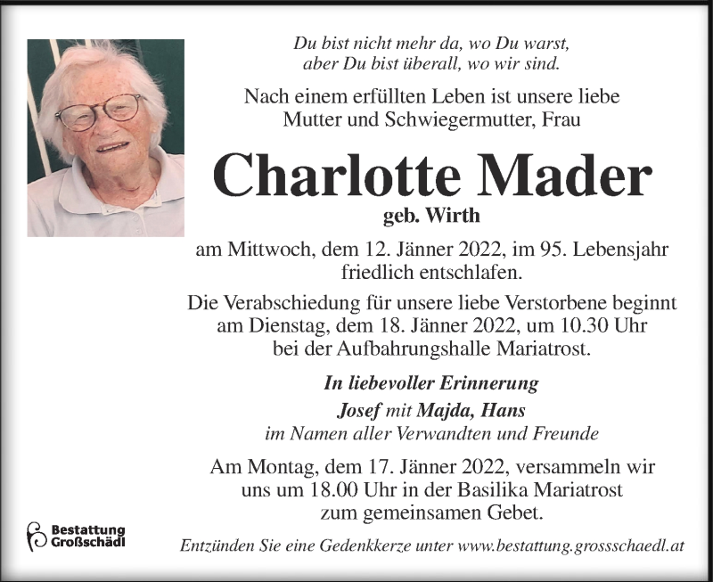  Traueranzeige für Charlotte Mader vom 14.01.2022 aus Kleine Zeitung