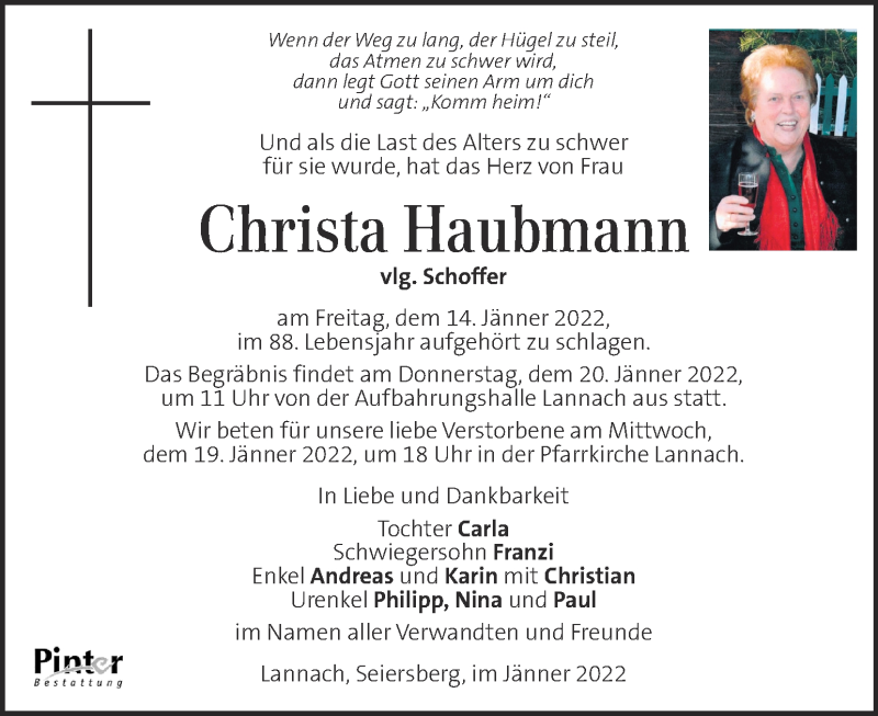  Traueranzeige für Christa Haubmann vom 18.01.2022 aus Kleine Zeitung